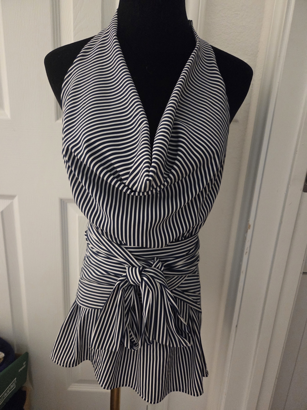 Ann Taylor Blue and White Vertical Stripe Sleeveless Wrap Blouse. 6 Party Office